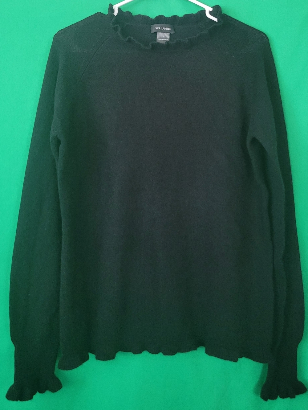 Sara Campbell Black Ruffle-Trim Crewneck Sweater Cashmere Scalloped Size Medium